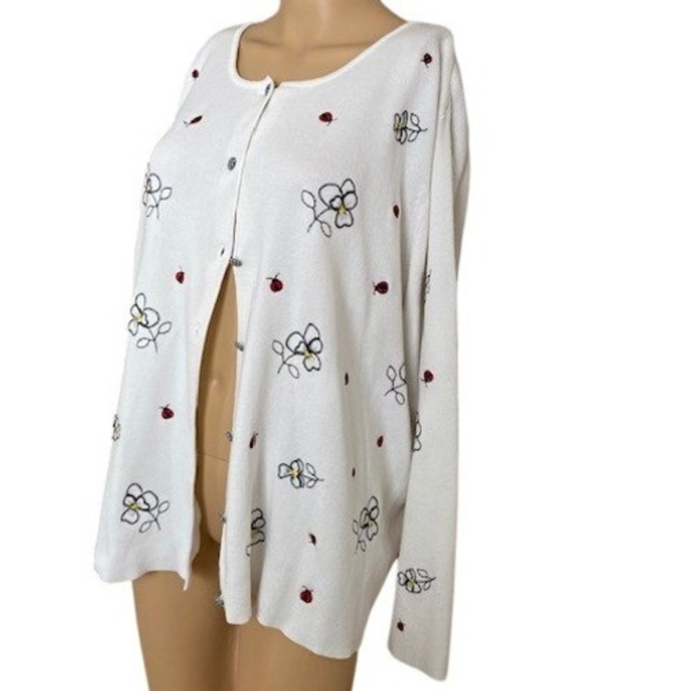 Cascade Blues Sweater Cardigan XL Ladybug Floral Embroidered Gingham Buttons